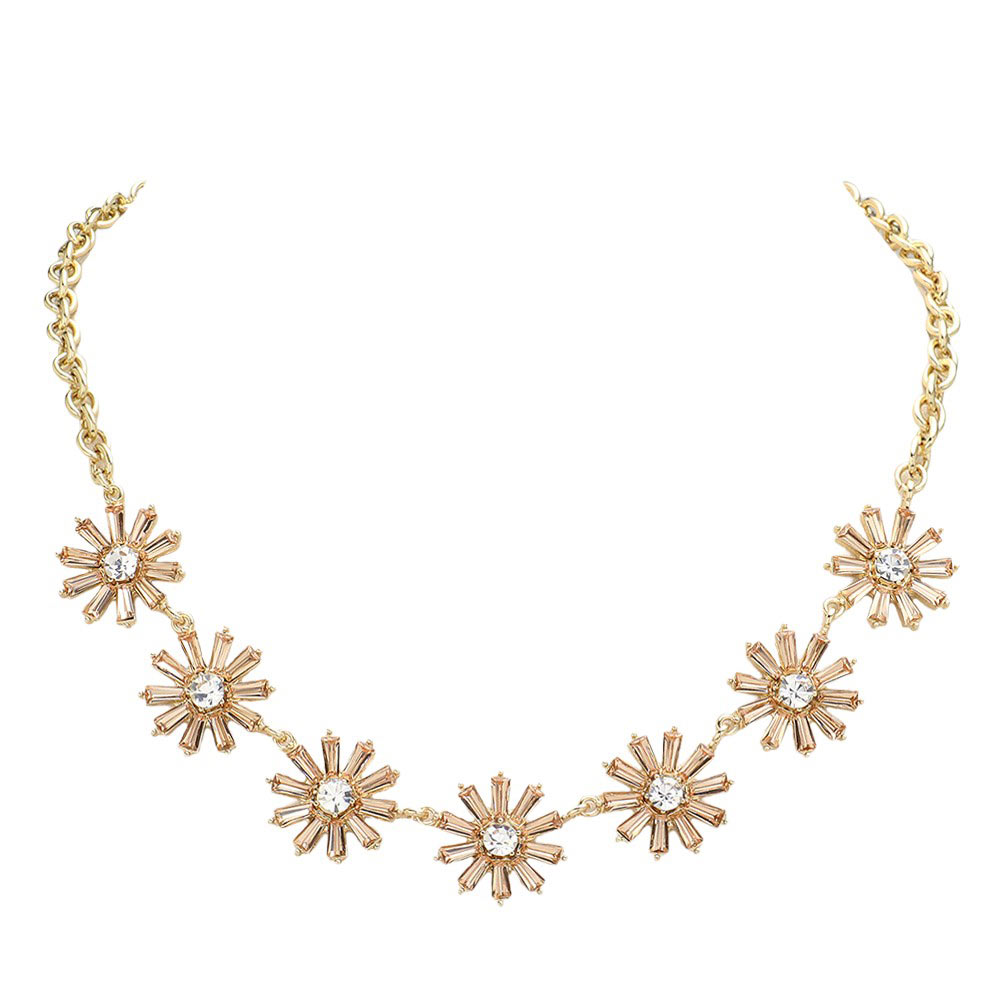 Glass Stone Embellished Flower Cluster Link Necklace