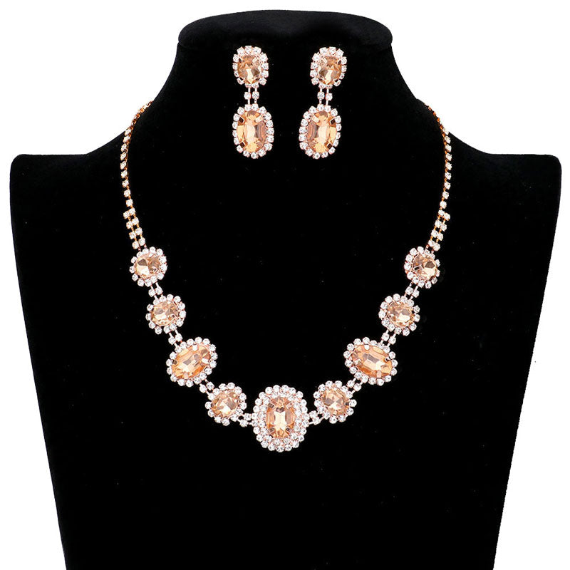 Oval Stone Accented Rhinestone Trimmed Necklace
