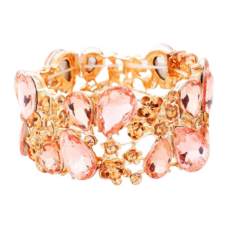 Glass Crystal Teardrop Floral Stretch Evening Bracelet