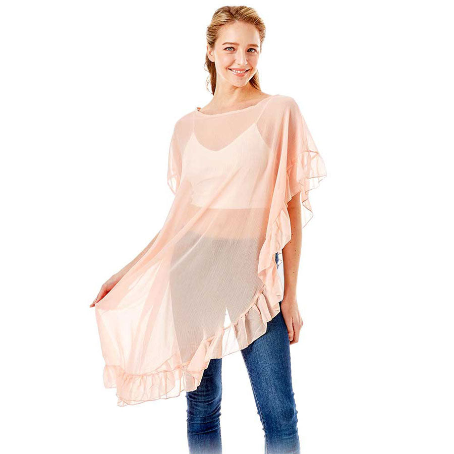 Solid Color Half Ruffled Cover Up Poncho