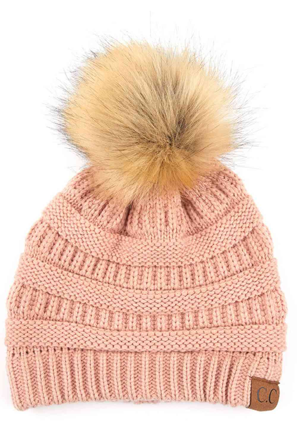 C.C Solid Ribbed Knit Beanie with Pom