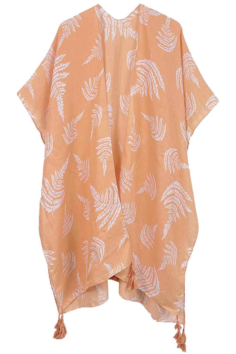 Leaf Print Two Tone Lurex Tassel Kimono