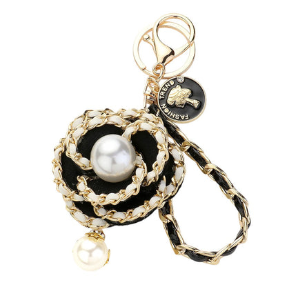 Pearl Pointed Faux Leather Braided Deco Flower Bag Charm