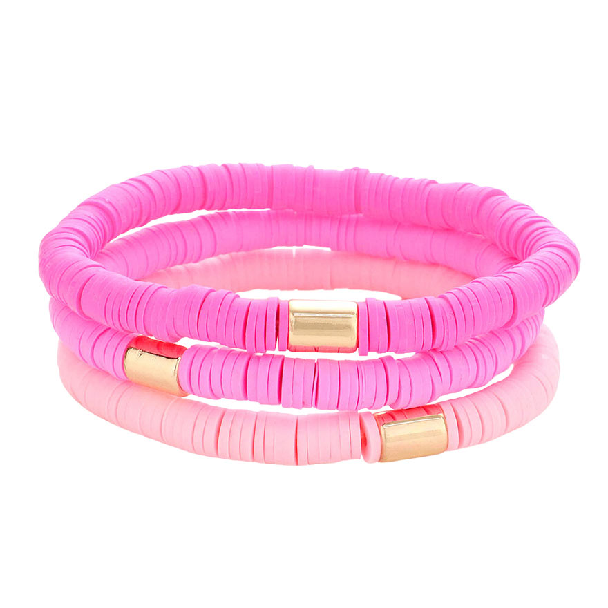 3PCS Metal Cylinder Heishi Beaded Stretch Bracelets