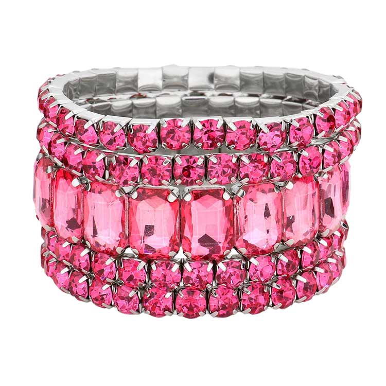 Women's 5Pcs Rectangle Round Stone Stretch Multi Layered Bracelets