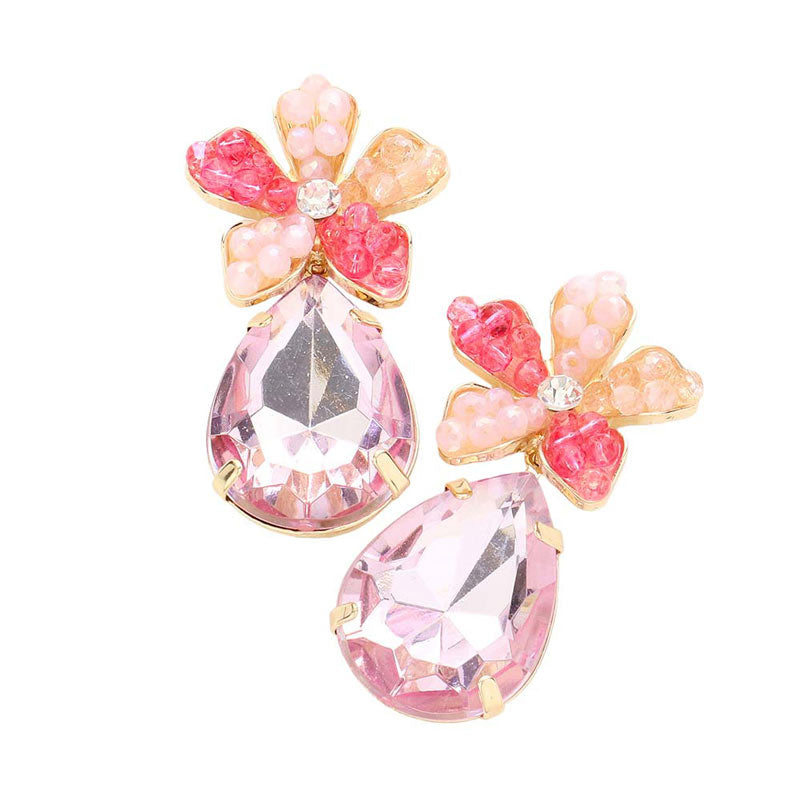 Beaded Flower Teardrop Stone Link Dangle Earrings