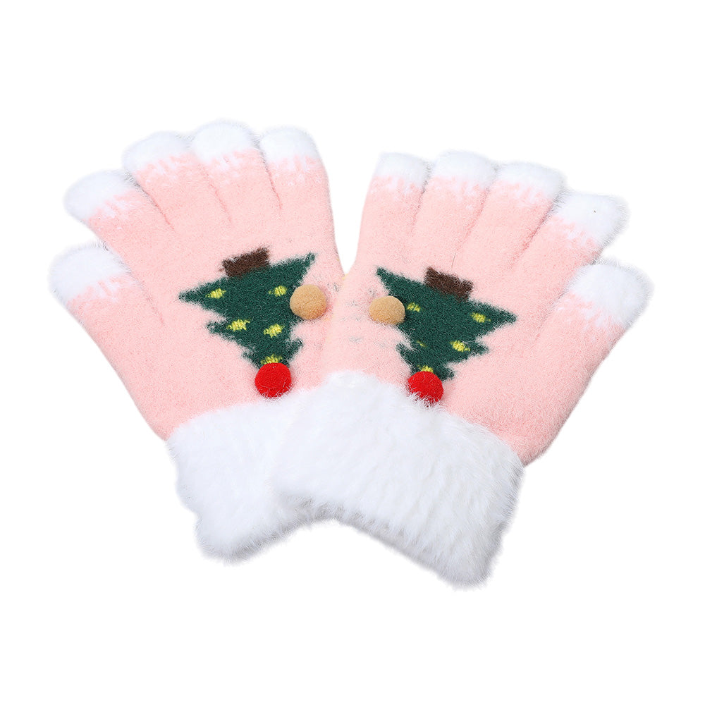 Cozy Fuzzy Pom Pom Christmas Tree Accent Winter Gloves