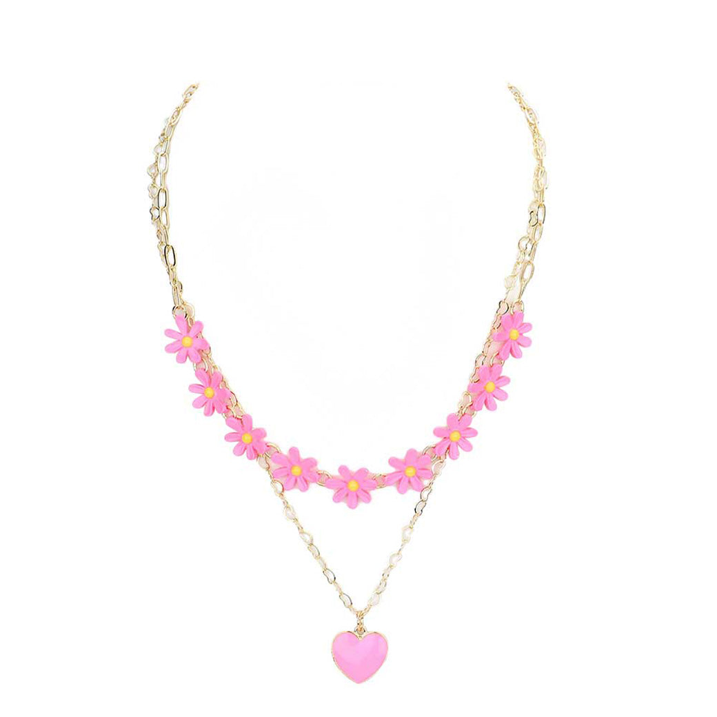 Enamel Heart Pendant Flower Link Double Layered Necklace