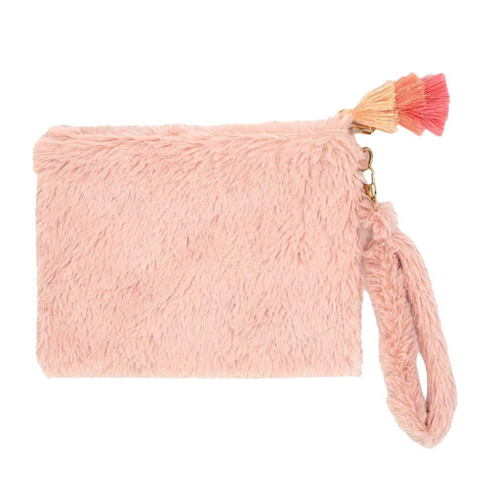 Faux Fur Tassel Pouch With Wristlet
