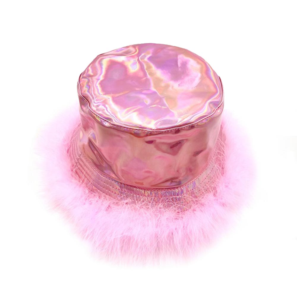 Faux Fur Trimmed Hologram Bucket Hat