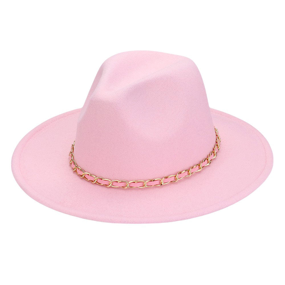 Faux Leather Braided Chain Band Pointed Fedora Hat