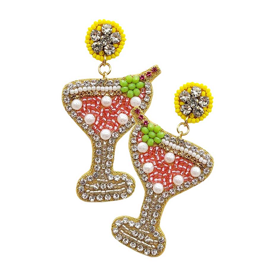 Felt Back Martini Rhinestone Pearl Beads Dangle Earrings