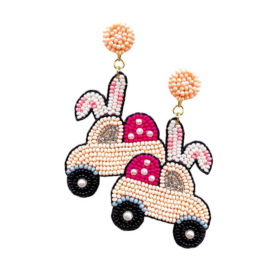 Felt Back Seed Beaded Easter Bunny Car Dangle Earrings