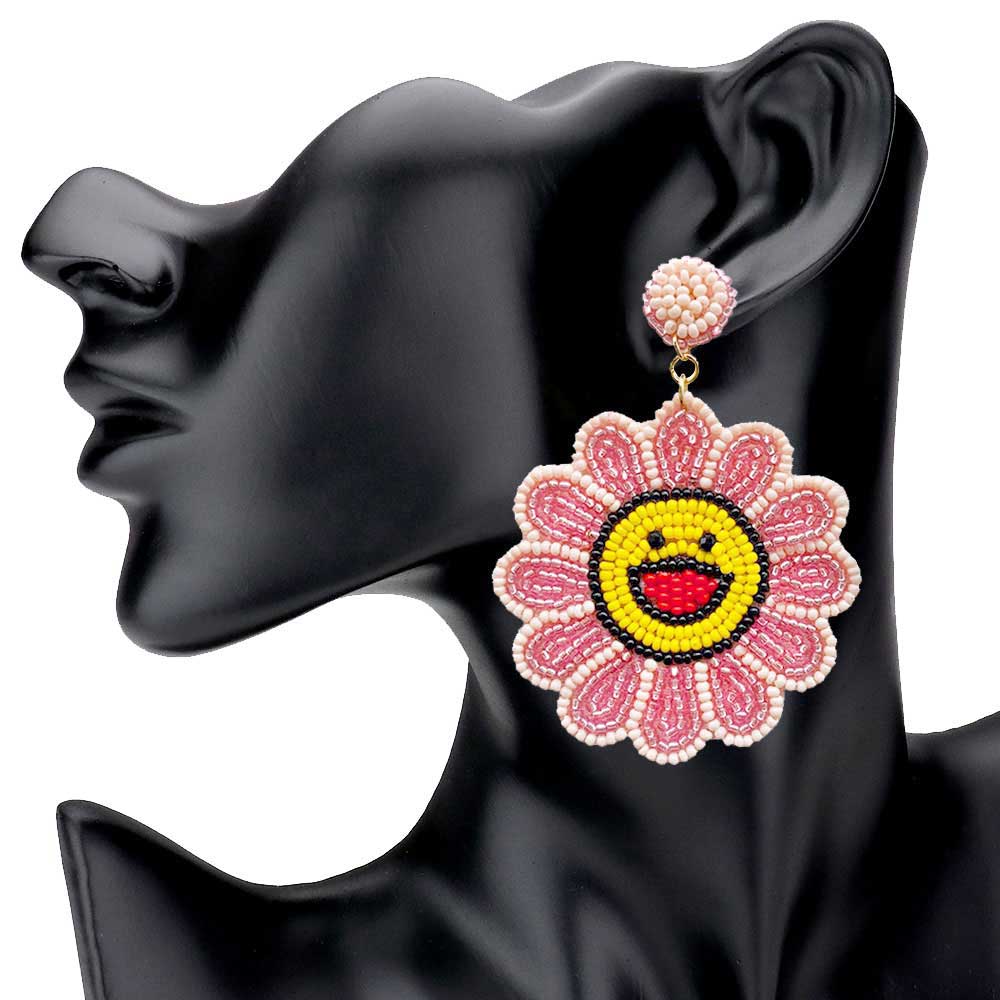 Felt Back Seed Beaded Smile Flower Dangle Earrings