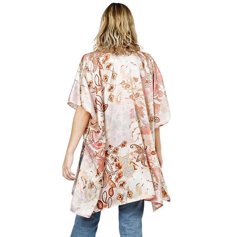 Floral Patterned Satin Cover Up Kimono Poncho