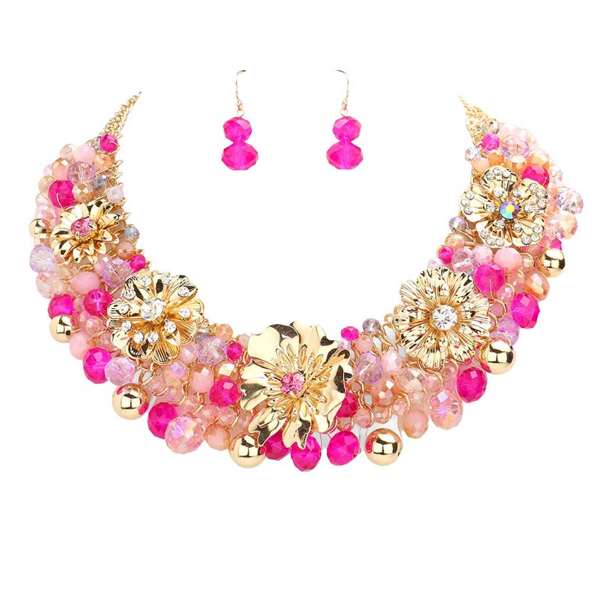 Metal Flower Accented Beaded Collar Necklace
