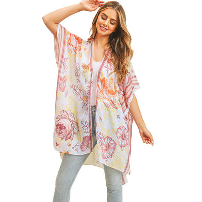 Multi Flower Patterned Cover Up Kimono Poncho