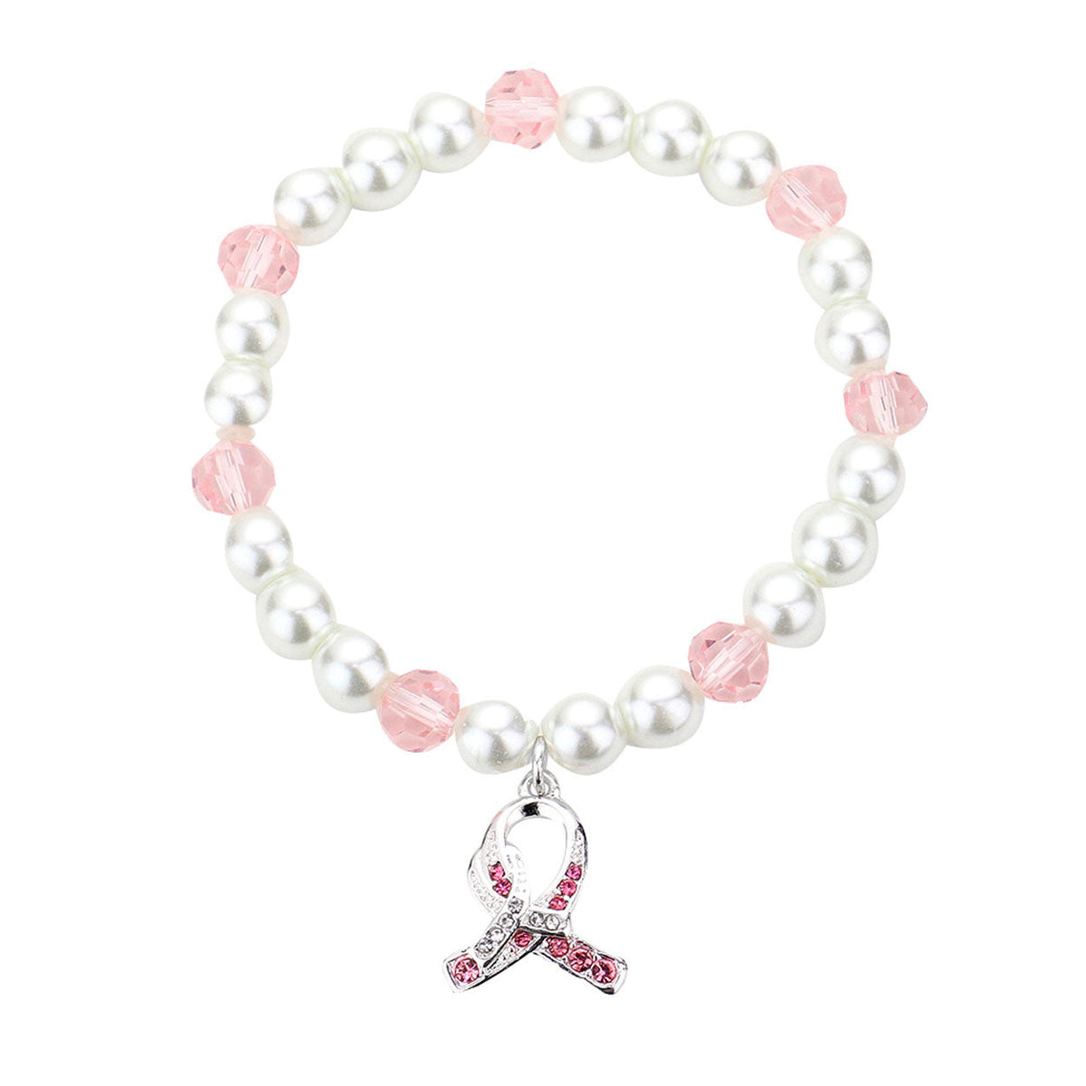 Rhinestone Pink Ribbon Charm Pearl Stretch Bracelet