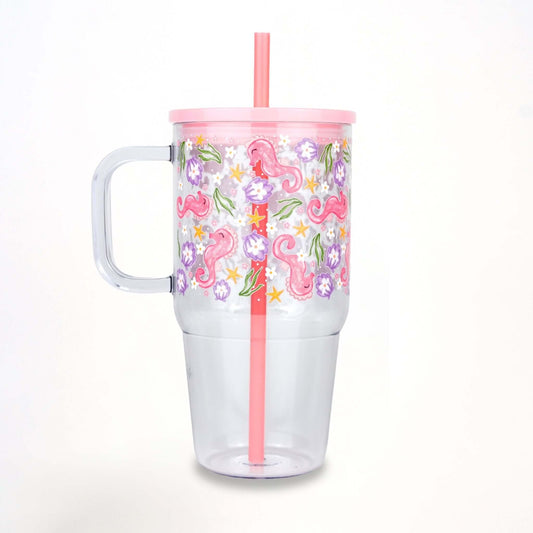 Pink Seahorses & Sea Flowers 20oz Kids Tumbler with Handle, Lid & Straw