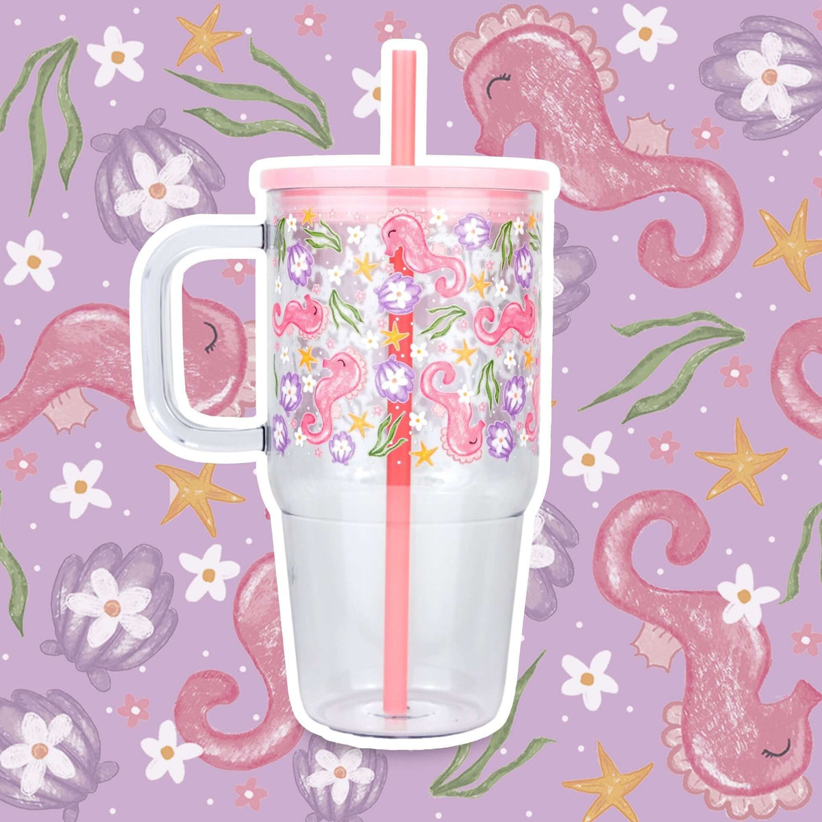 Pink Seahorses & Sea Flowers 20oz Kids Tumbler with Handle, Lid & Straw