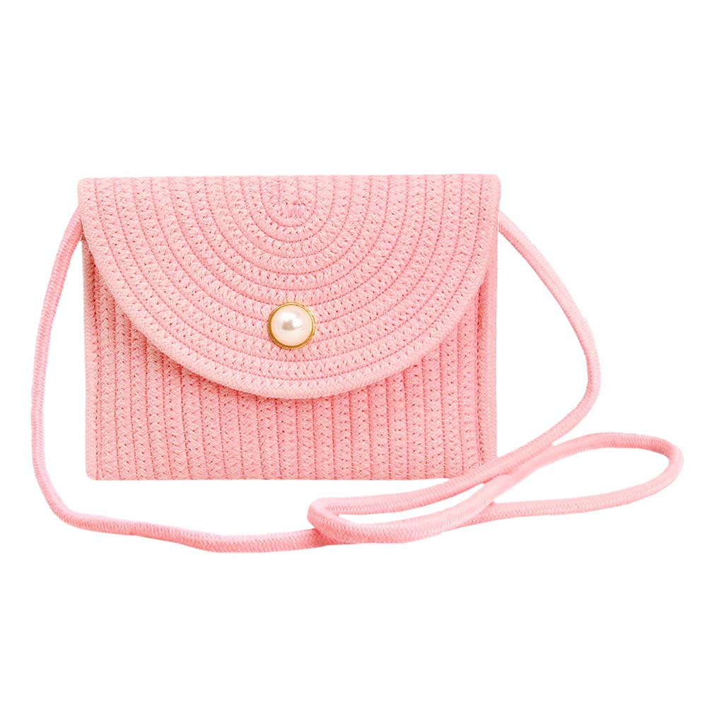 Solid Color With Pearl Button Straw Micro Crossbody Bag