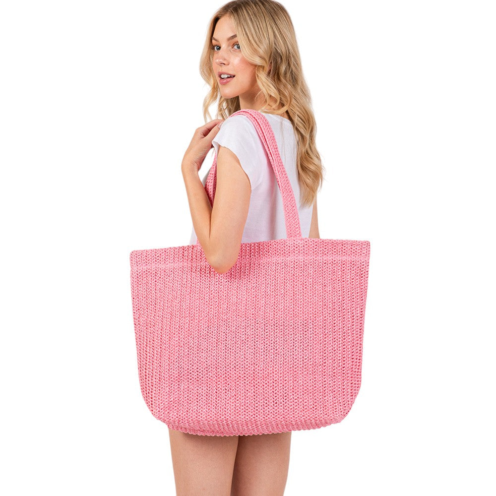 Women's Solid Crochet Straw Tote Bag / Beach