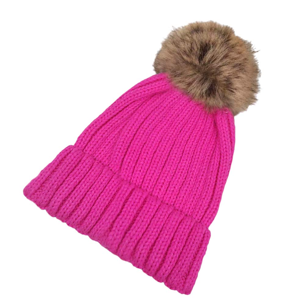 Gorro de punto liso con pompón de piel sintética