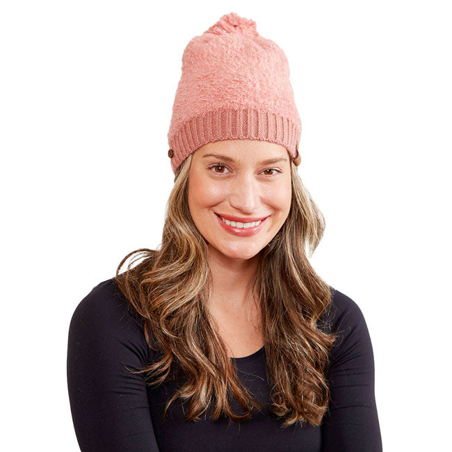 Trendy Face Mask Holder Button Cable Knit Pom Pom Beanie Hat
