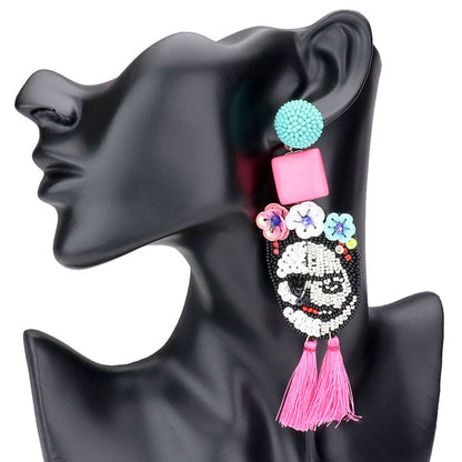 Triple Flower Seed Beaded Skull Tassel Link Dangle Earrings