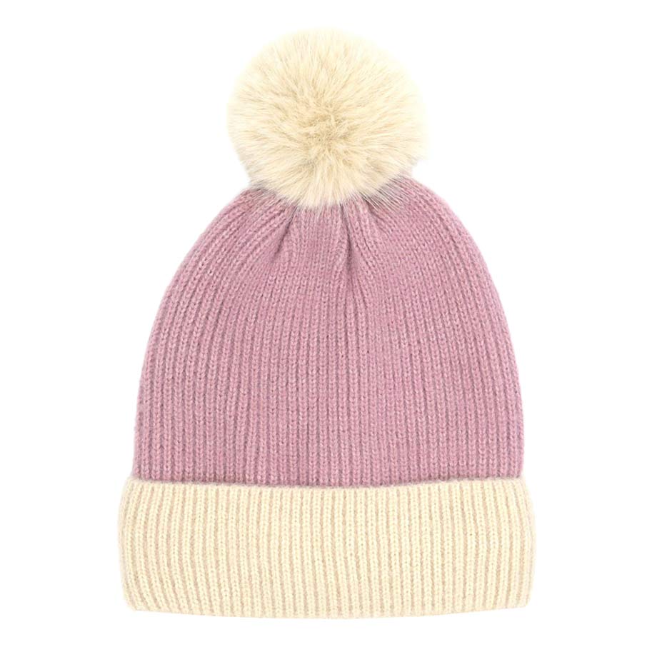 Two Tone Knit Pom Pom Beanie Hat