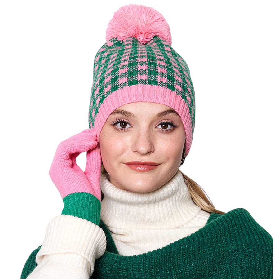 Check Patterned Pom Pom Beanie Hat