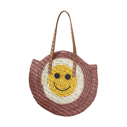 Smile Pointed Color Block Straw Round Shoulder Bag