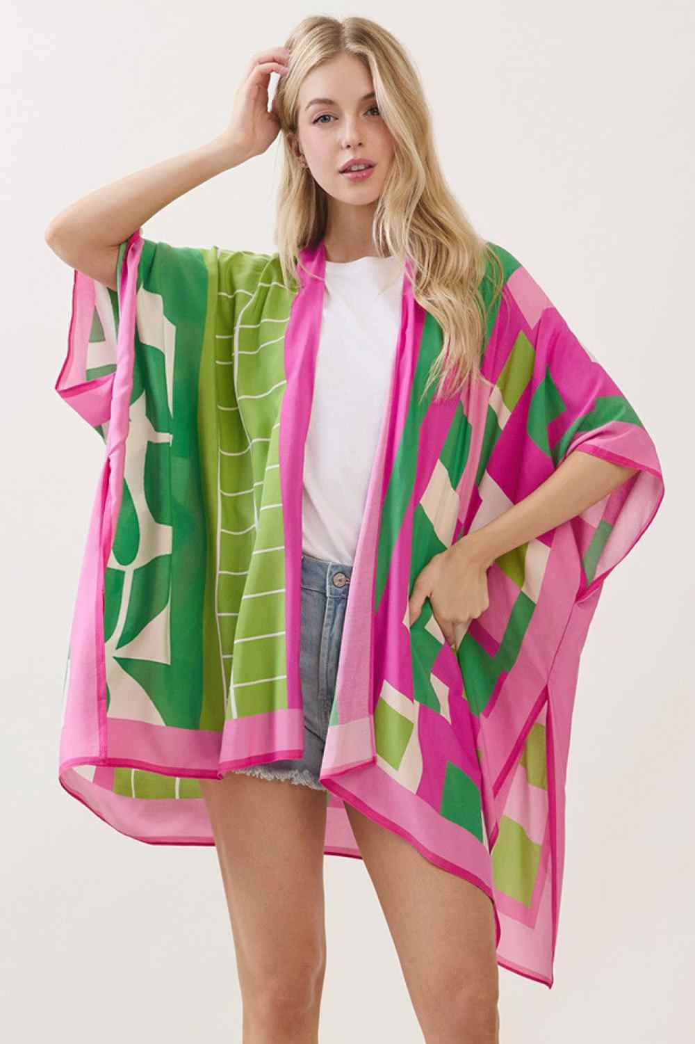 Geometric Pattern Mixed Print Kimono Cover Up