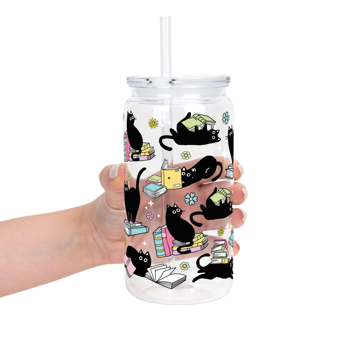 Black Cats on Books Glass Cups