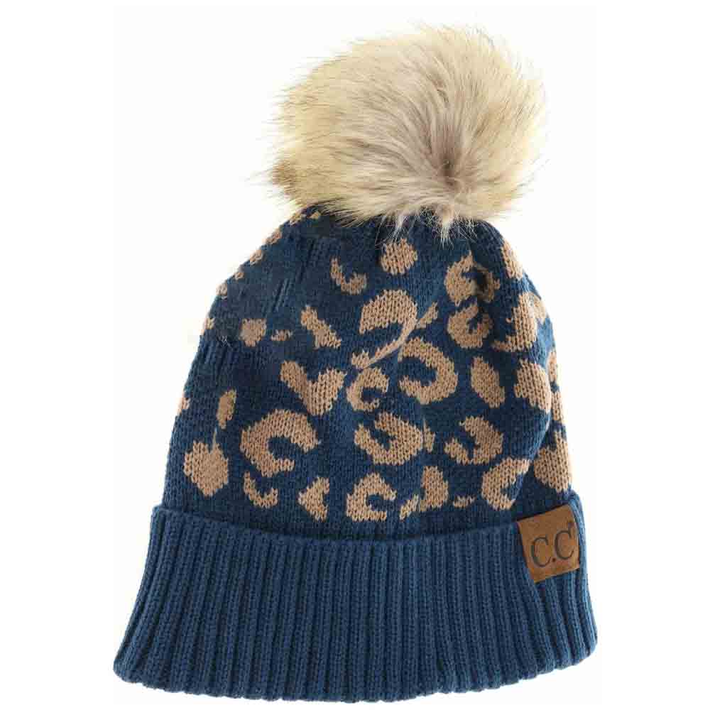 Leopard Pattern Fur Pom C.C Beanie