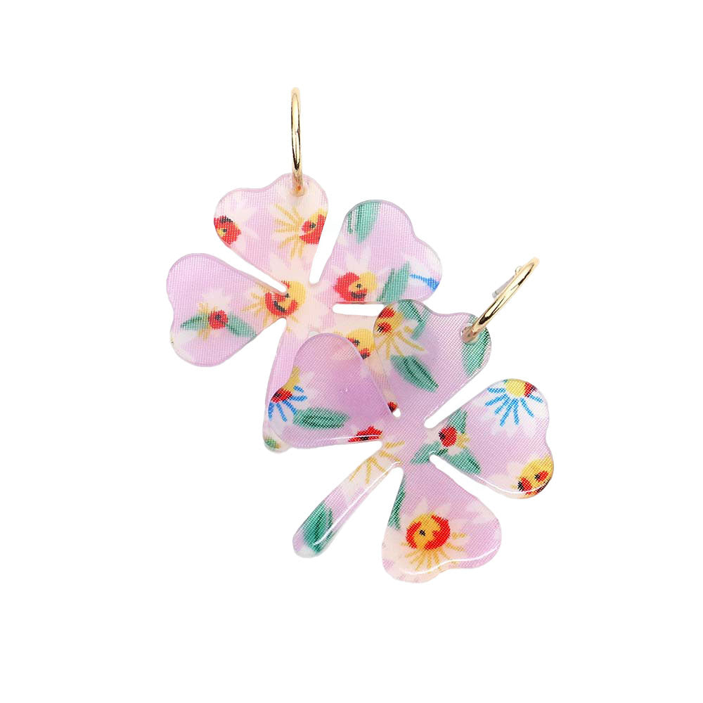 Flower Patterned Resin Clover Dangle Earrings