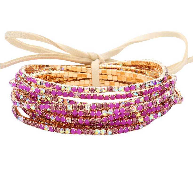 12PCS Ribbon Colorful Rhinestone Layered Stretch Bracelets