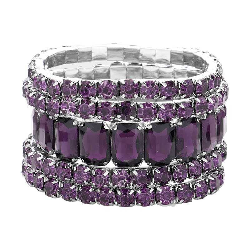 Women's 5Pcs Rectangle Round Stone Stretch Multi Layered Bracelets