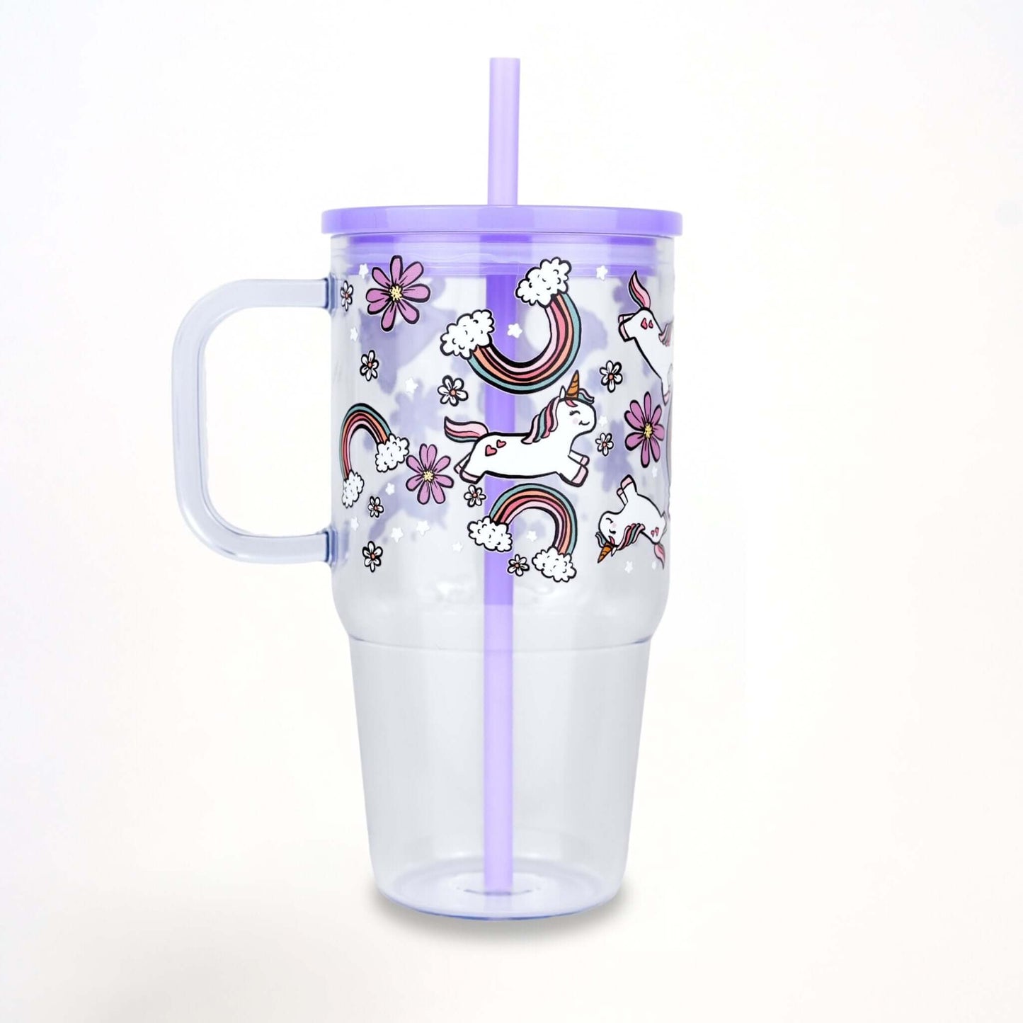 Purple Unicorns, Rainbows & Daisies 20oz Kids Tumbler with Handle, Lid & Straw
