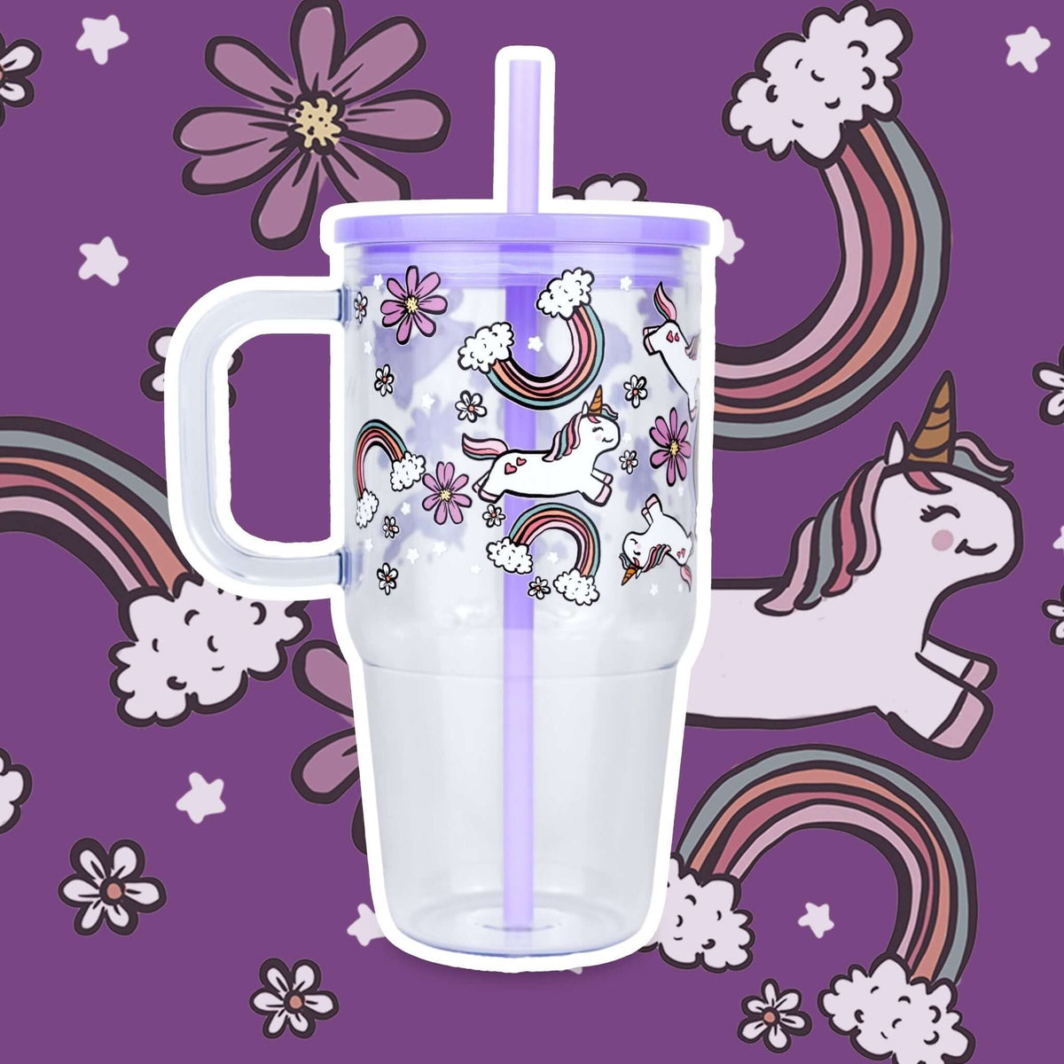 Purple Unicorns, Rainbows & Daisies 20oz Kids Tumbler with Handle, Lid & Straw