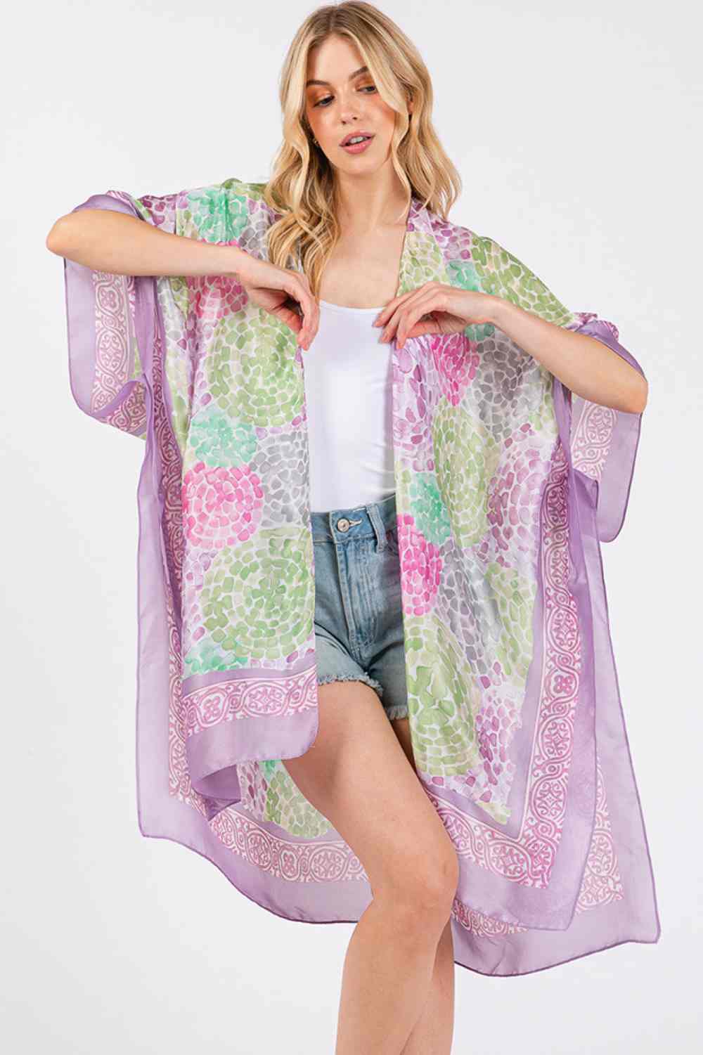 Multi Color Abstract Circle Silky Feel Kimono