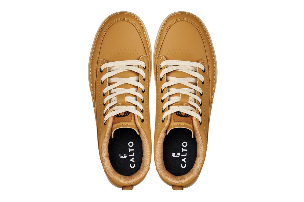 CALTO - Q274  - 2 Inches Taller (Camel Brown & Gum Sole) - Elevated Leatherette Micro-Perforated Sneakers