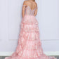 Nox Anabel R1299 Vestido de noche formal largo con falda escalonada de corte A y hombros descubiertos