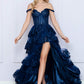 Nox Anabel R1299 Vestido de noche formal largo con falda escalonada de corte A y hombros descubiertos