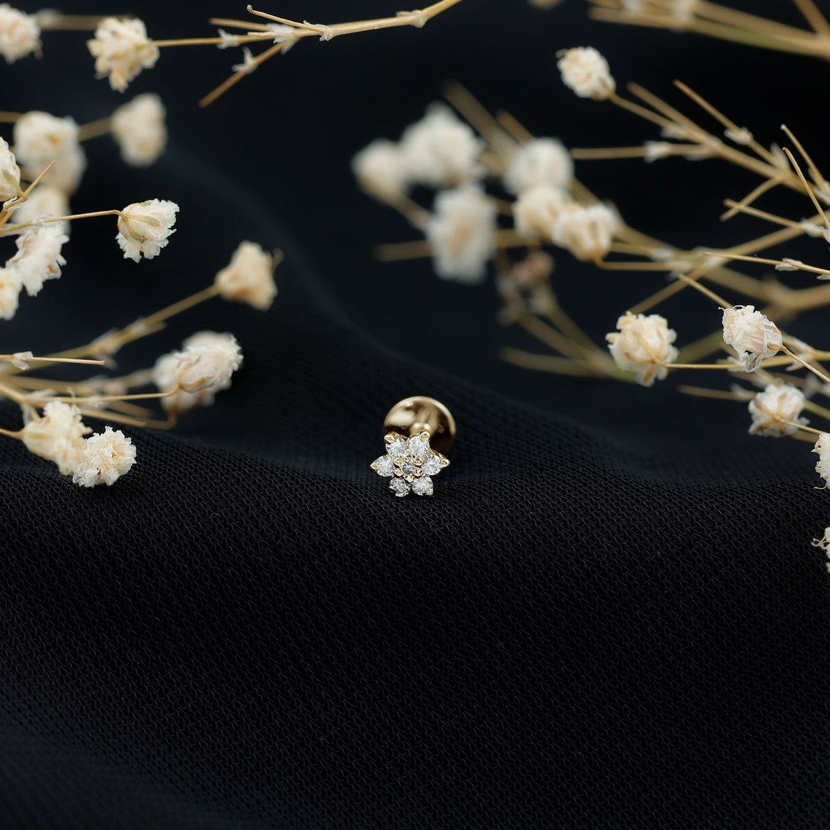 Arete de nariz de flor de diamante natural de talla redonda para mujer