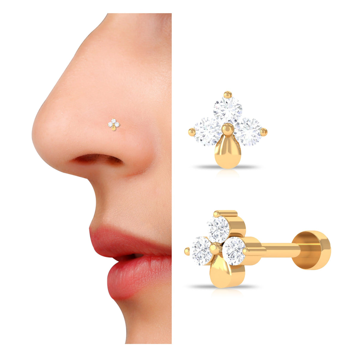 Pin de nariz con flor de 3 piedras y diamante natural
