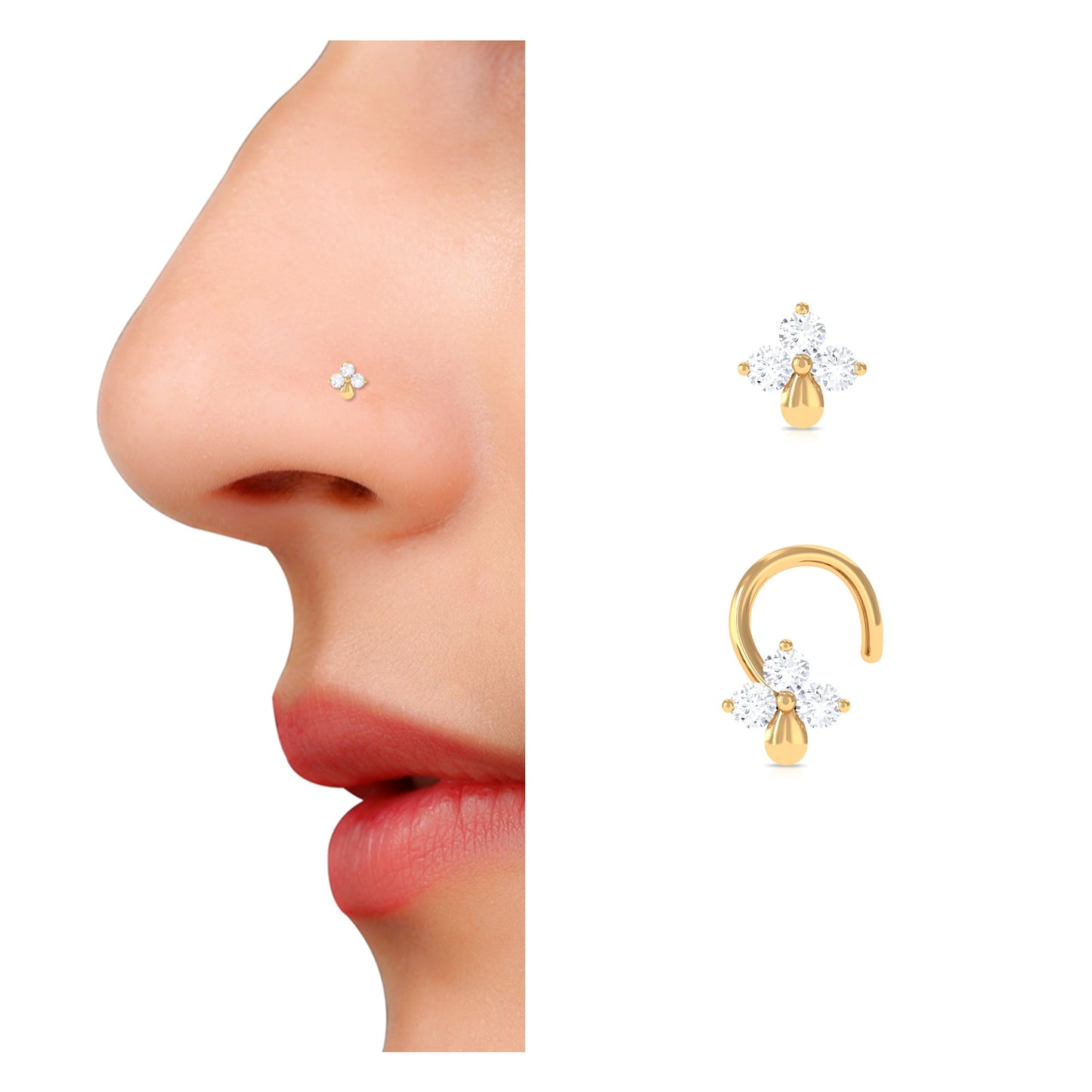 Pin de nariz con flor de 3 piedras y diamante natural