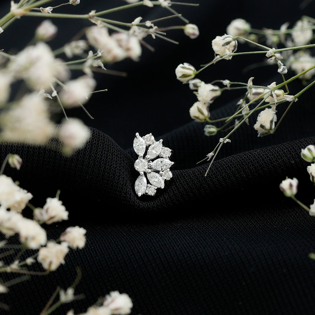 Natural Marquise and Round Diamond Floral Cartilage Earring