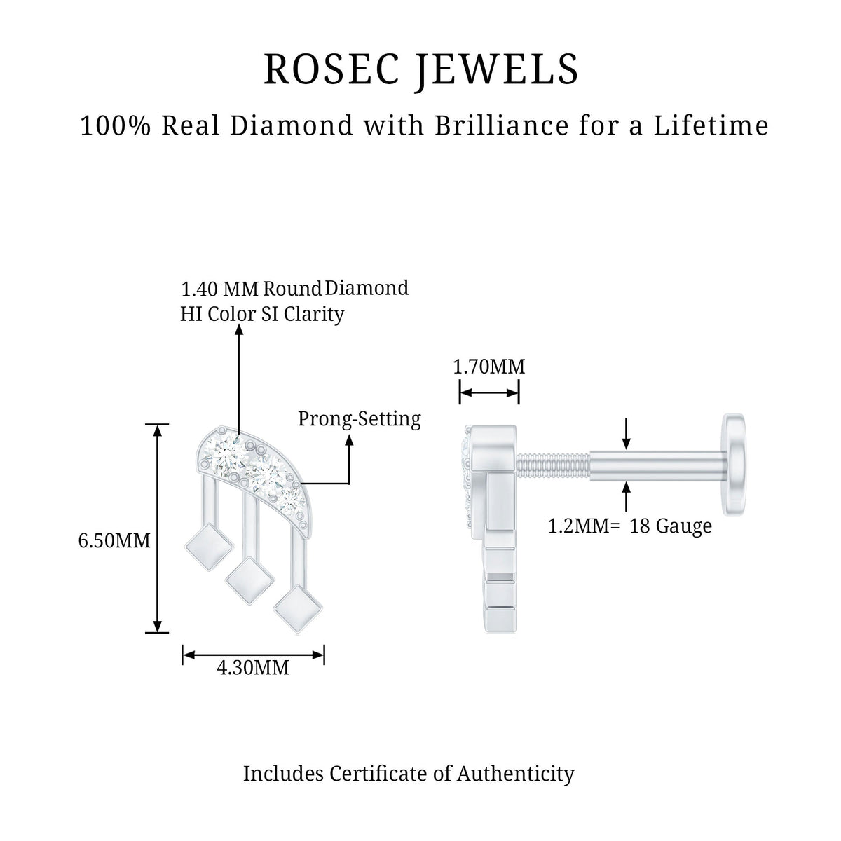 Real Diamond Music Note Earring for Cartilage Piercing
