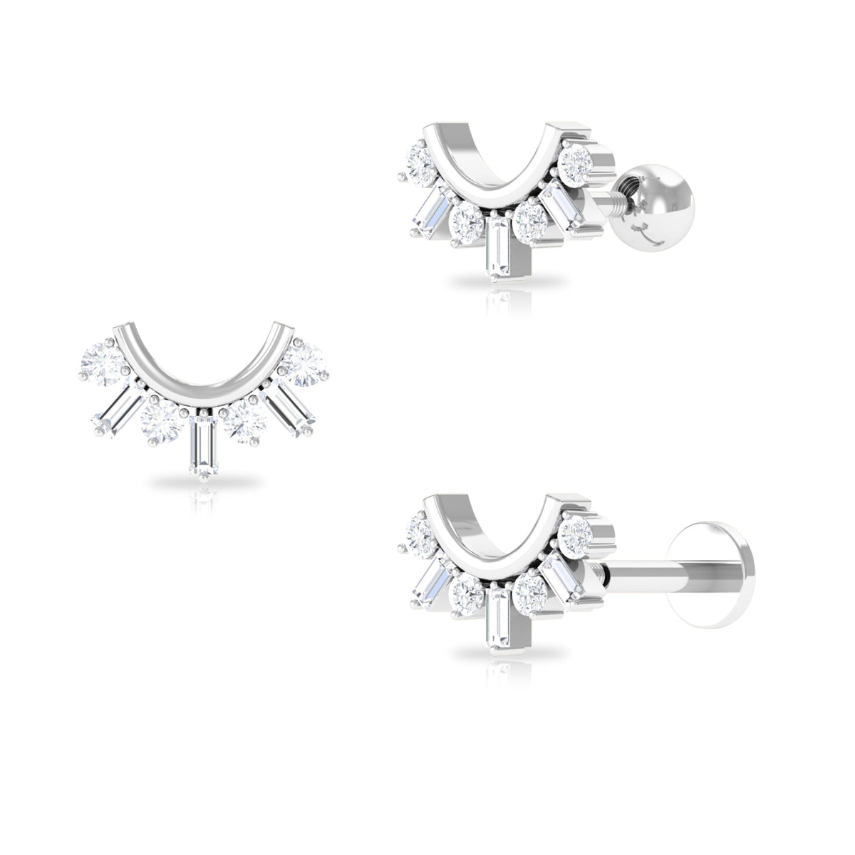 Baguette and Round Moissanite Curved Helix Earring